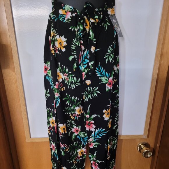 Art Class Girls 10/12 Black Floral Pants With Tie Belt Bohemian Straight Fit - Picture 1 of 6